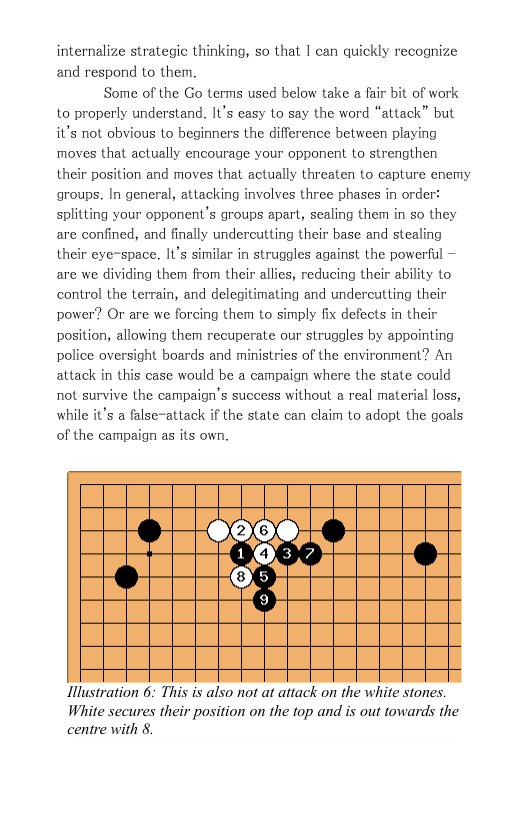internalize strategic thinking, so that I can quickly recognize and respond to them.  Some of the Go terms used below take a fair bit of work to properly understand. It’s easy to say the word “attack” but it’s not obvious to beginners the difference between playing moves that actually encourage your opponent to strengthen their position and moves that actually threaten to capture enemy groups. In general, attacking involves three phases in order: splitting your opponent’s groups apart, sealing them in so they are confined, and finally undercutting their base and stealing their eye-space. It’s similar in struggles against the powerful — are e dividing them from their allies, reducing their ability to control the terrain, and delegitimating and undercutting their power? Or are we forcing them to simply fix defects in their position, allowing them recuperate our struggles by appointing police oversight boards and ministries of the environment? An attack in this case would be a campaign where the state could not survive the campaign’s success without a real material loss, while it’s a false-attack if the state can claim to adopt the goals of the campaign as its own.  Ilustration 6: This is also not at attack on the white stones.  White secures their position on the top and is out towards the centre with 8.  